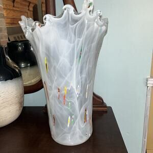Large Italian Millefiori Arte Murano Lavorazione White Cased Vase 15 Inches Tall